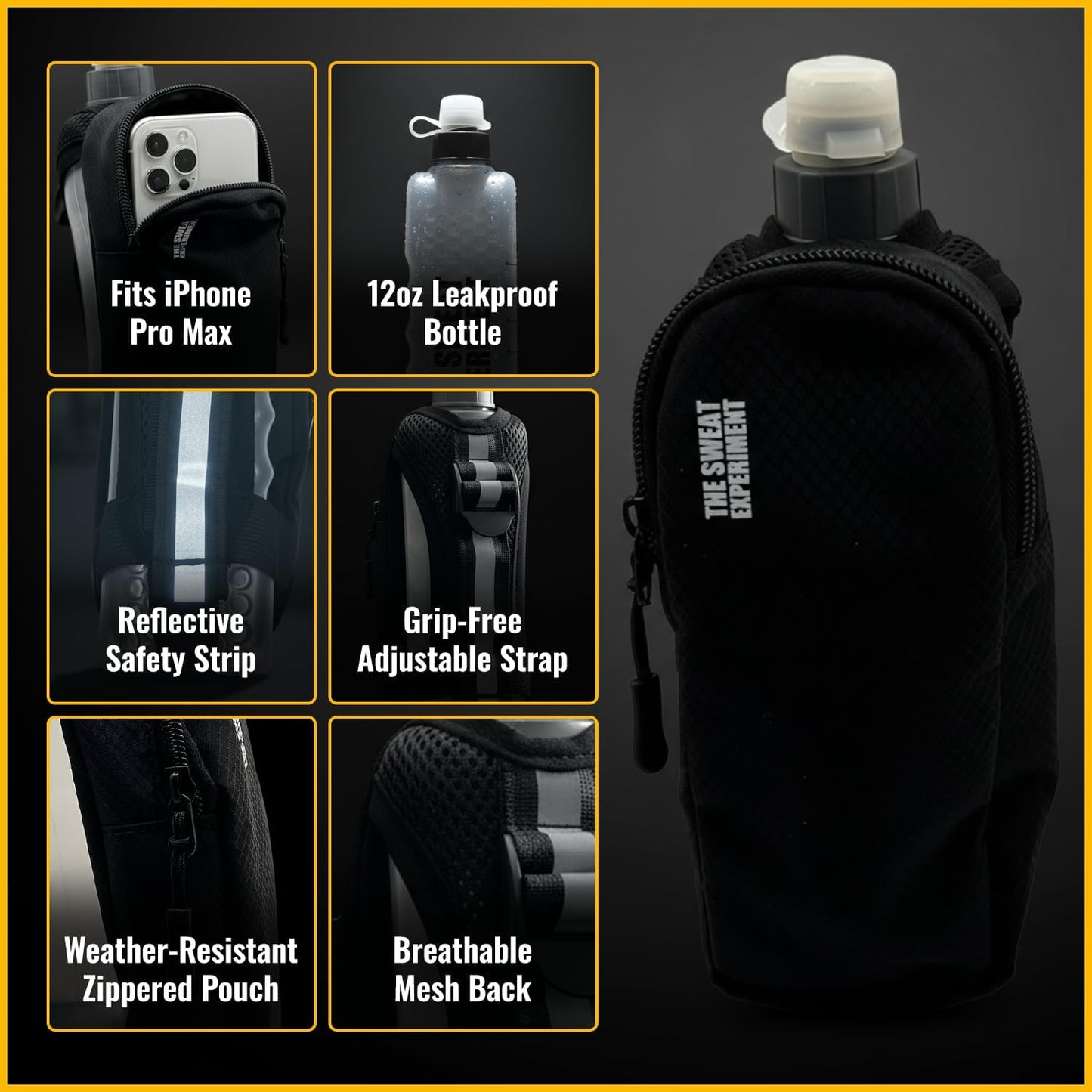 Handheld Running Water Bottle with Large Phone Holder – 12oz Grip-Free Hydration Flask with Pocket for Cards & Keys – Adjustable Strap for Walking, Running, Hiking
