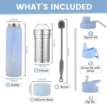 Lexlion Tea Infuser Water Bottle 32 Oz – Triple Wall Insulated Stainless Steel, Loose Leaf & Fruit Strainer, 3 Leakproof Lids, BPA-Free Silicone Sleeve, Reusable Thermal Mug