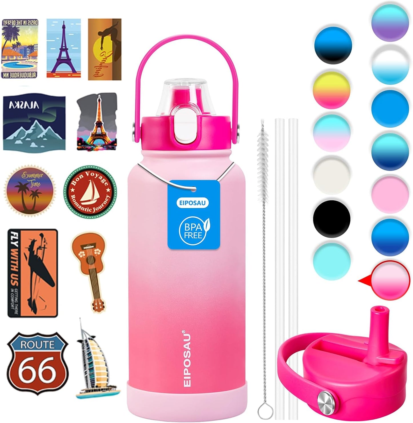 Insulated Water Bottle with Lid & Boot & Stickers, 24 oz Stainless Steel Sweat Free Bottle Keep Cold 24H, BPA-Free Sports Wide Mouth Water Bottle, BlueBlack
