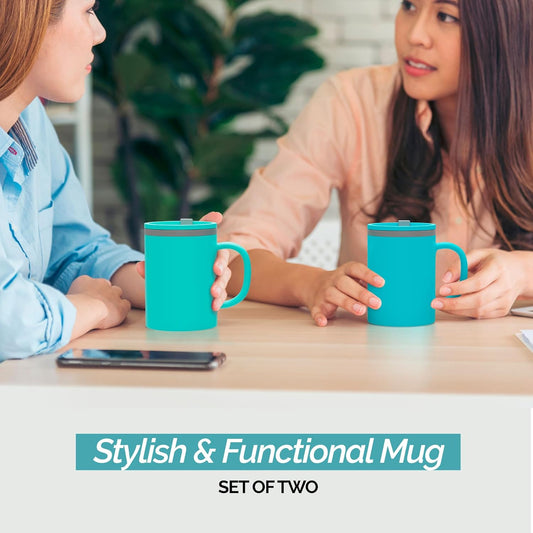 Copco Iconic 16oz Double Wall Insulated Desk Mug with Lid & Handle, Set of 2, BPA-Free Reusable Plastic, Spill-Resistant, Microwave & Dishwasher Safe, Wide Mouth (Grey)