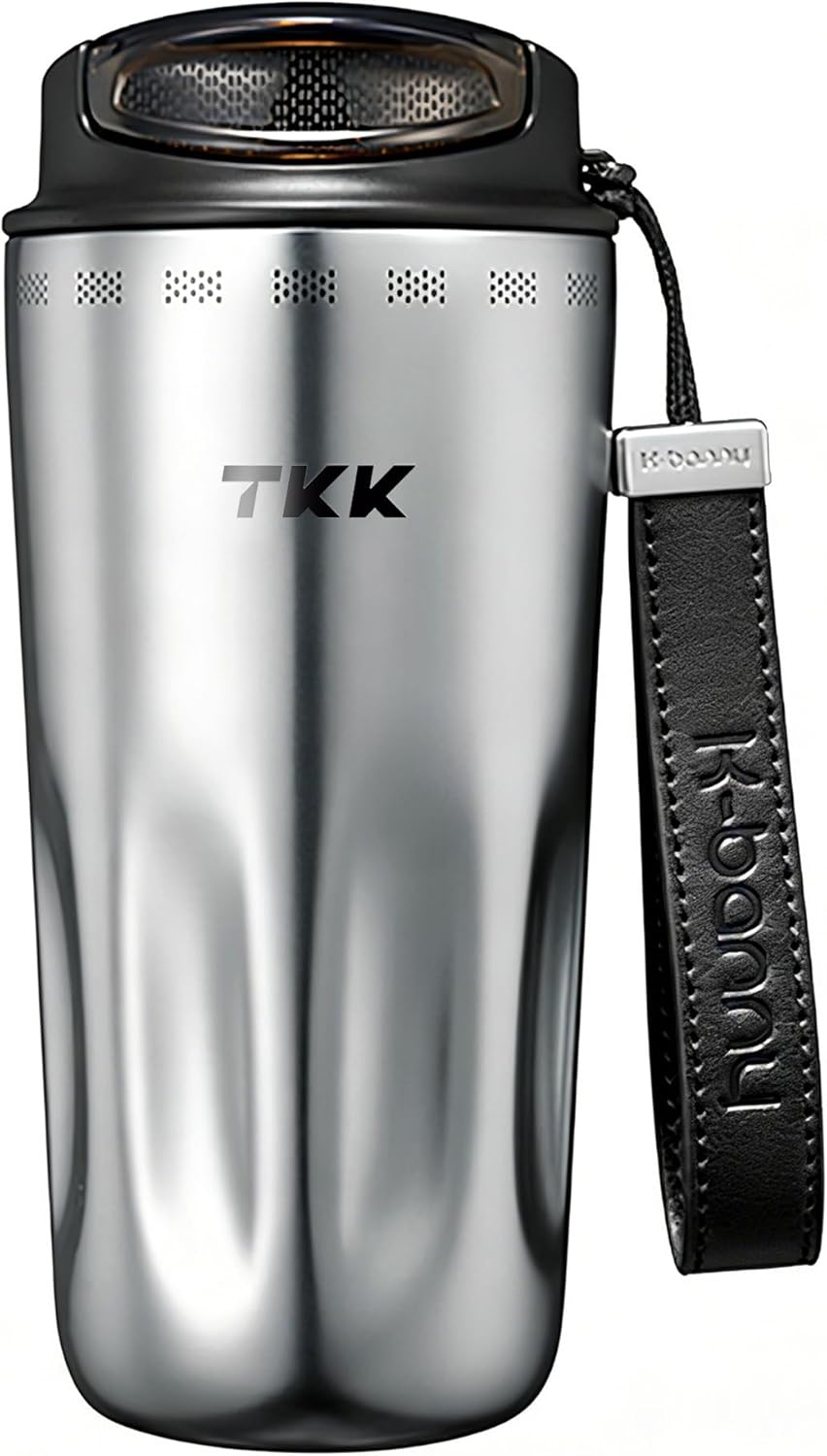 TKK 16oz Travel Coffee Mug, Ceramic Coated Interior, 316 Stainless Steel Liner, Leakproof Flip Lid, Vacuum Insulated Tumbler with Carry Strap, Reusable Cup for Hot & Cold Drinks