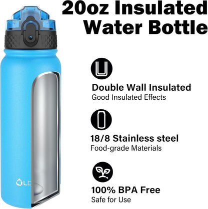 Oldley Insulated Water Bottle 20oz for Adults Kids Stainless Steel Water Bottles with Straw/Chug/Carabiner 3 Lids Fruit Strainer Double Wall Vacuum Wide Mouth BPA Free Leak-Proof for School Travel