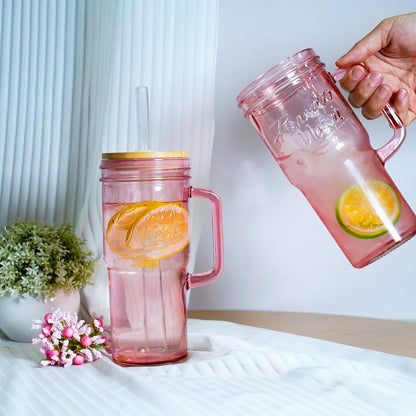 ANOTION Bamboo Mason Leakproof Mason Jar Cups with Lids and Straws, Cap Cup 24oz Glass Tumbler with Handle, Rotating Lid Silicone Straw, Reusable Iced Coffee Matcha Cup Coffee Gifts for Women 2pc