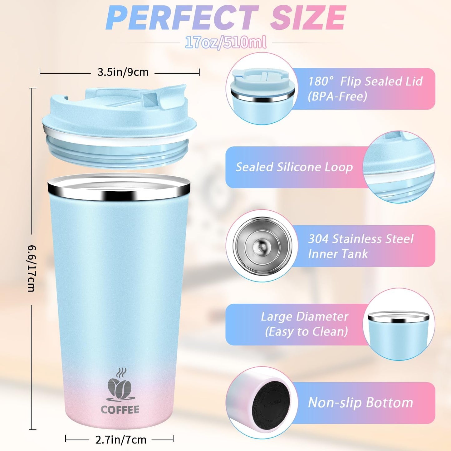 Insulated Travel Coffee Mug Reusable Coffee Tumbler Cup with Flip Lid Leak Proof Spill Proof for Office School Party Camping Hot and Cold Drink,Stainless Steel 17oz (Black)