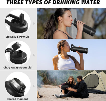40oz Insulated Water Bottle (Cold for 48 Hrs),BPA Free&Leak Proof,Stainless Steel Water Flask,Water Jug with Straw Spout Lids for Gym,Hiking,Travel,Black Blue
