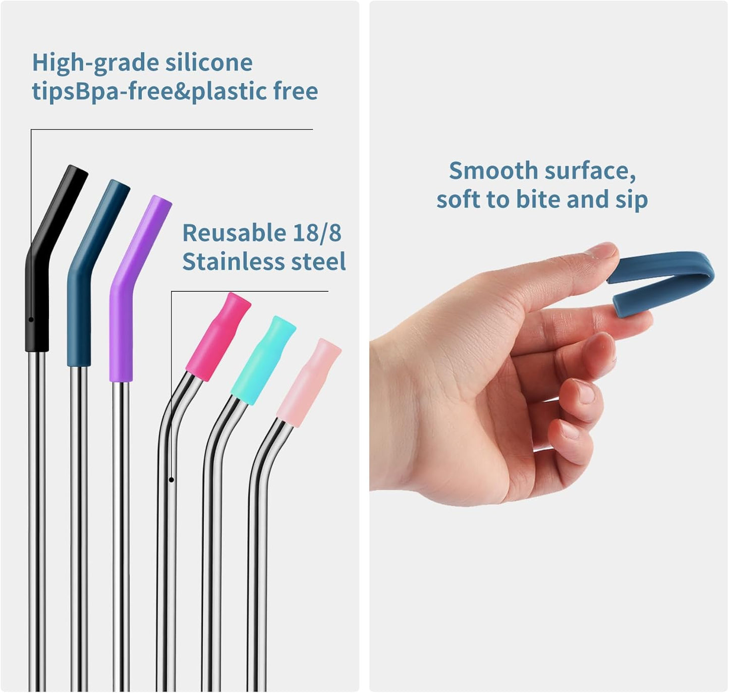 6 Packs Reusable Stainless Steel Straws with Silicone Tips and Travel Case, Long Metal Drinking Replacement Straws for Stanley Cup 40 oz Tumbler, 2 Cleaning Brushes Included, 3 Bent