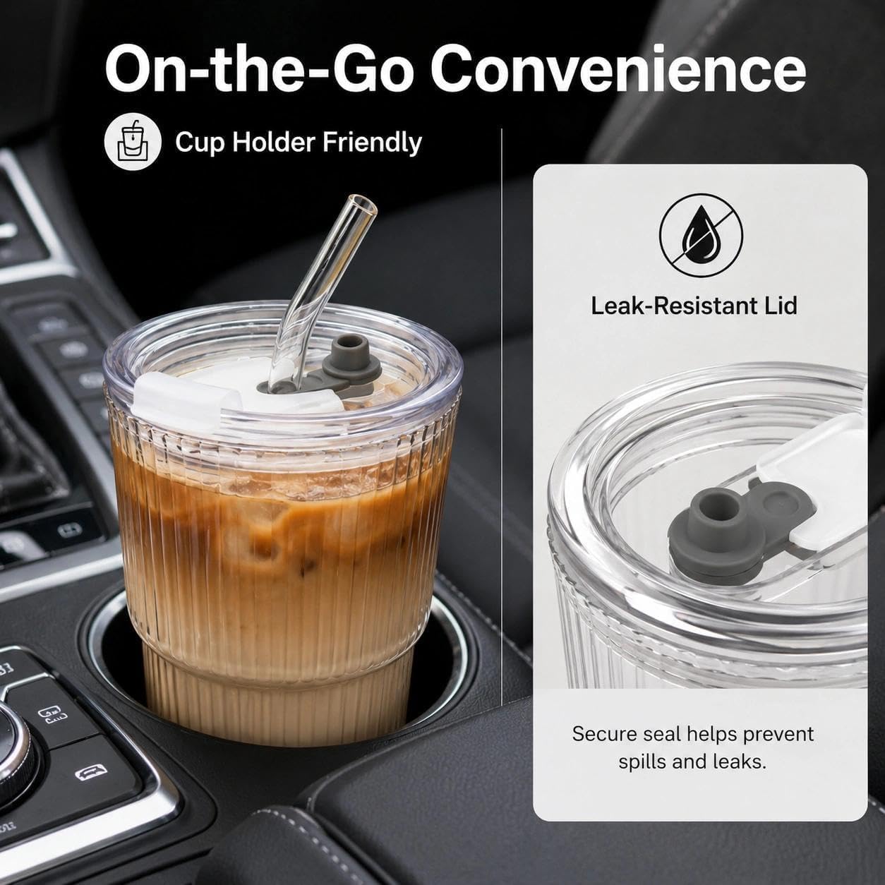 Ribbed Glass Tumbler with Lid and Straws, Resuable Ice Coffee Cups, To Go Iced Coffee Cups for Water, Smoothie, Matcha, Iced Tea Fruit Juice, Clear, 13oz, Set of 2