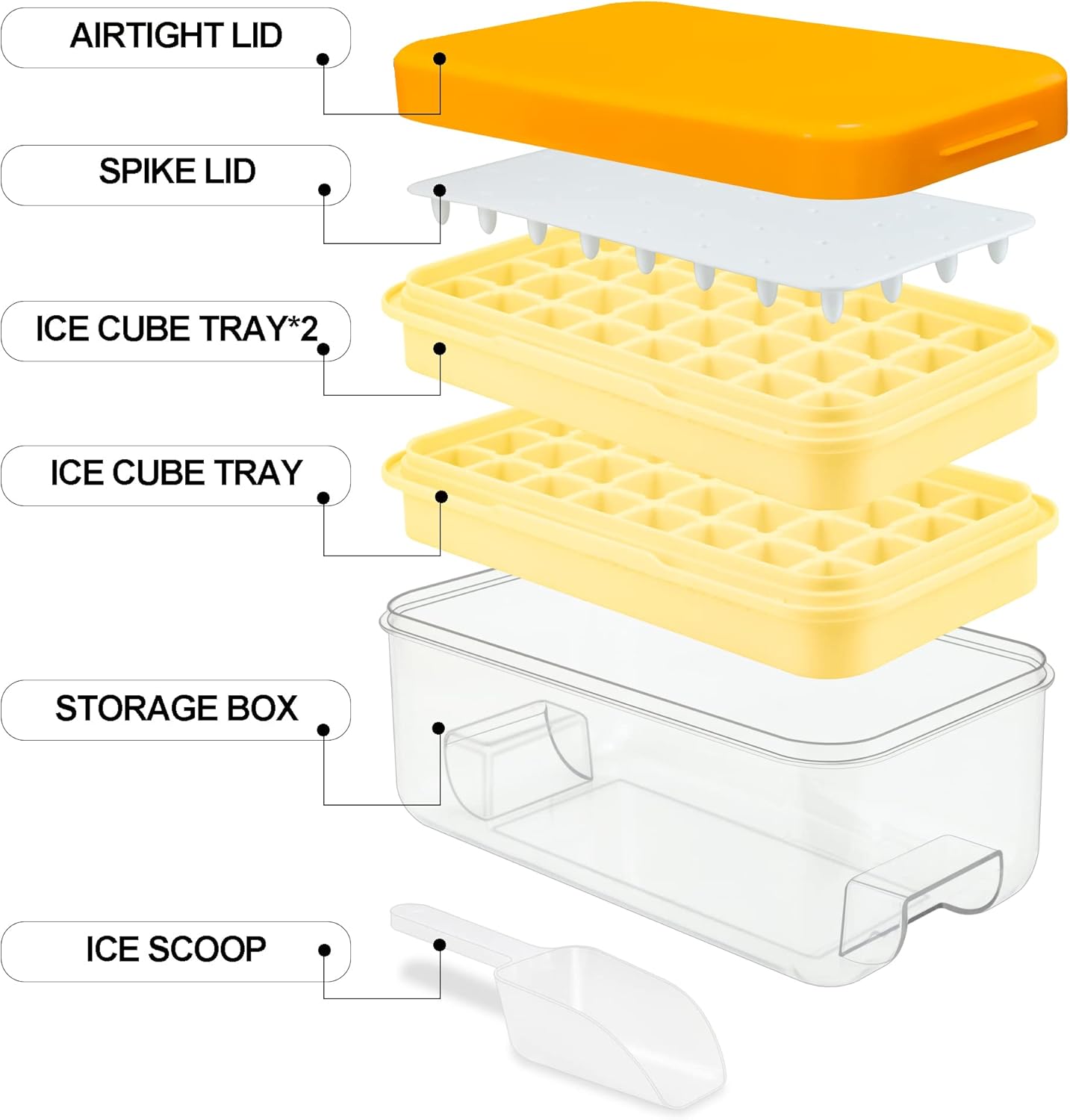 Ice Trays for Freezer with Lid & Bin, Ice Cube Tray Making 64 pcs Ice Cubes, Easy Press to Release Ice, Ice Tray with Storage Bin Chilling Cocktail Whiskey Coffee 2 Trays 1 Ice Bucket & Scoop (Black)