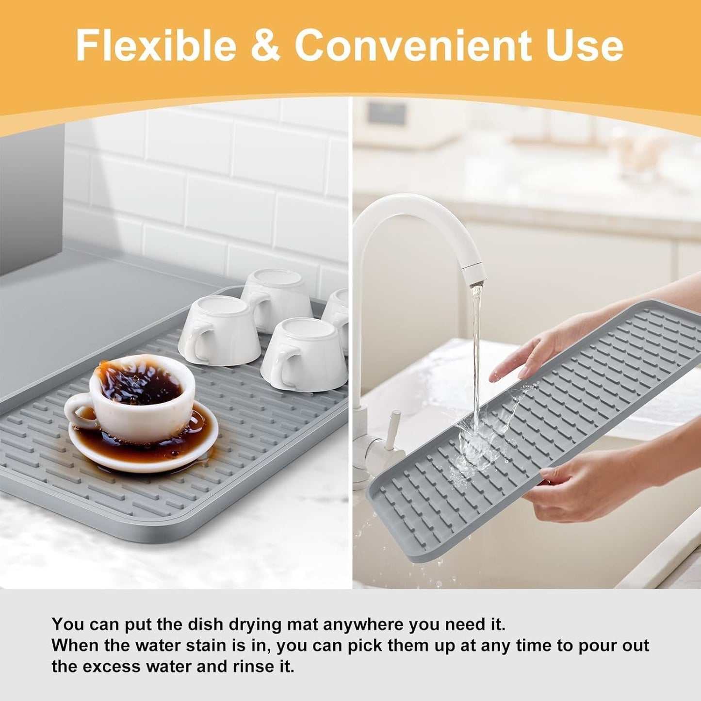 Silicone Coffee Mat, 24''x16'' Bar Mat with Detachable Dish Drying Mat - Fits Under Coffee Maker & Dish Rack