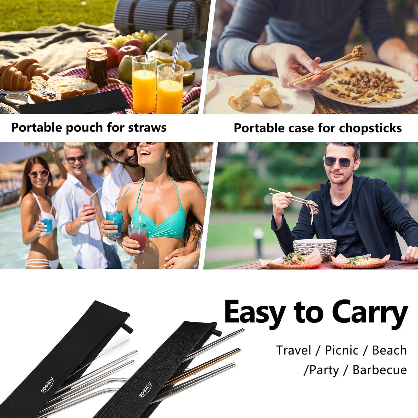 Aosbos Reusable Straws Carrying Case, Portable Small Pouch for Metal, Paper, Plastic, Silicone Disposable Straws, Stainless Steel Chopstick - Black