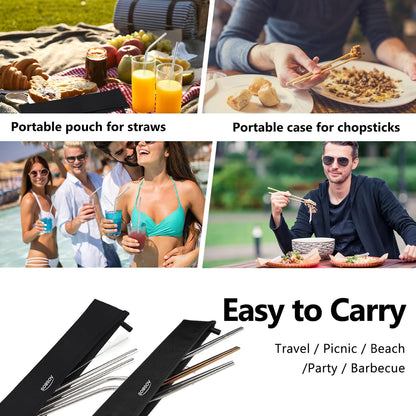 Aosbos Reusable Straws Carrying Case, Portable Small Pouch for Metal, Paper, Plastic, Silicone Disposable Straws, Stainless Steel Chopstick - Black