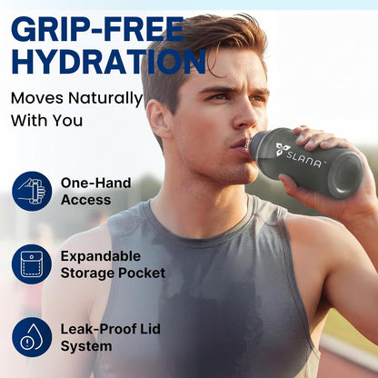 Handheld Running Water Bottle 18 oz – Grip-Free Collapsible Water Bottles for Running with Adjustable Strap & Thumbhole, Expandable Phone Pocket, Race Cap for One-Hand Drinking