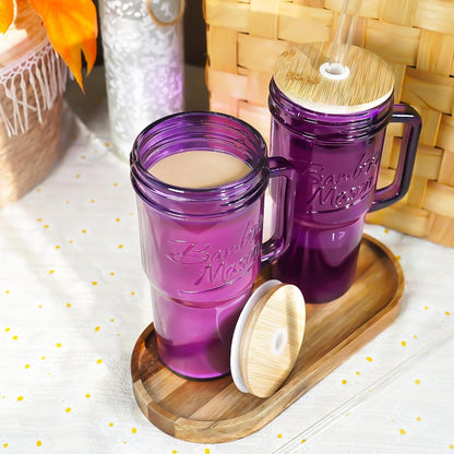 ANOTION Bamboo Mason Leakproof Mason Jar Cups with Lids and Straws, Cap Cup 24oz Glass Tumbler with Handle, Rotating Lid Silicone Straw, Reusable Iced Coffee Matcha Cup Coffee Gifts for Women 2pc