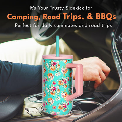 Elemental 32 oz 100% Leak Proof Tumbler with Handle & Straw - Stainless Steel Double Wall Insulated Tumbler for Hot and Cold Beverages - Travel Coffee Mug with Sip & Straw Lid - White - Colors B