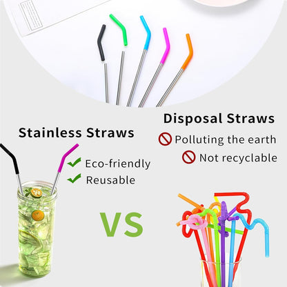 Lazycorner 16 Pcs Metal Straw Reusable 8.5" 10.5" 6mm Stainless Steel Straws for Tumblers 20oz-32oz, Rainbow Drinking Straws with Silicone Tips, 4 Straw Cleaner Brush, 1 Travel Case