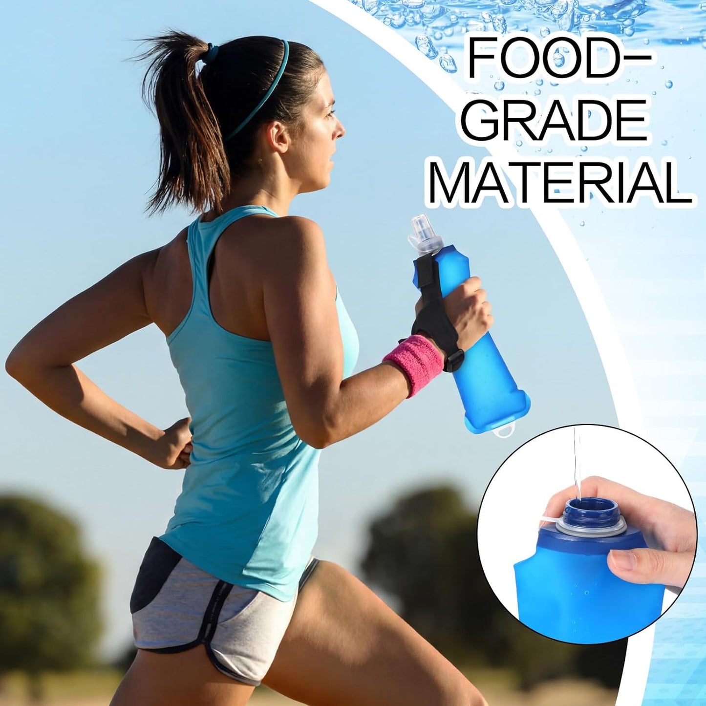 LemonRoad Ultralight Running Collapsible Handheld Water Bottle with Hand Strap 17 Oz/ 500 ml Adjustable Strap Handheld Water Bottle Spill-proof Cap for Running Marathons Hiking Cycling Climbing