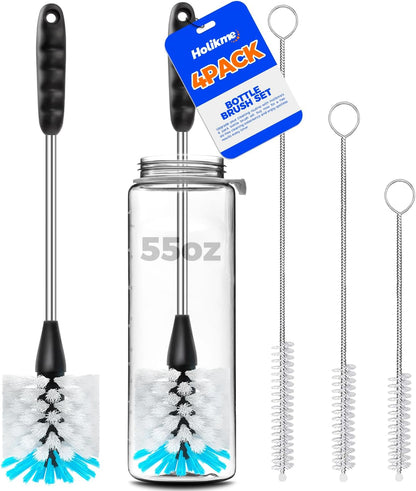 Holikme Bottle Brush Cleaner Set, 14" Long Handle Stainless Steel Bottle Cleaner Brush, 3 Straw Cleaner Brush, Bottle Cleaning Brush for Water Bottle, Cups, Abrasive Wheel Brushes, Straws Black