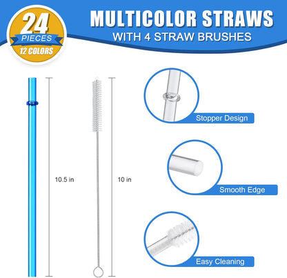 24 PCS, Reusable Straws with 4 Brushes, 10.5" Long Tritan Hard Plastic Straws, 12 Colors Translucent Replacement Drinking for 16OZ-32 OZ Tumblers, Cups, Jars, Stanley, YETI, Starbucks, BPA Free