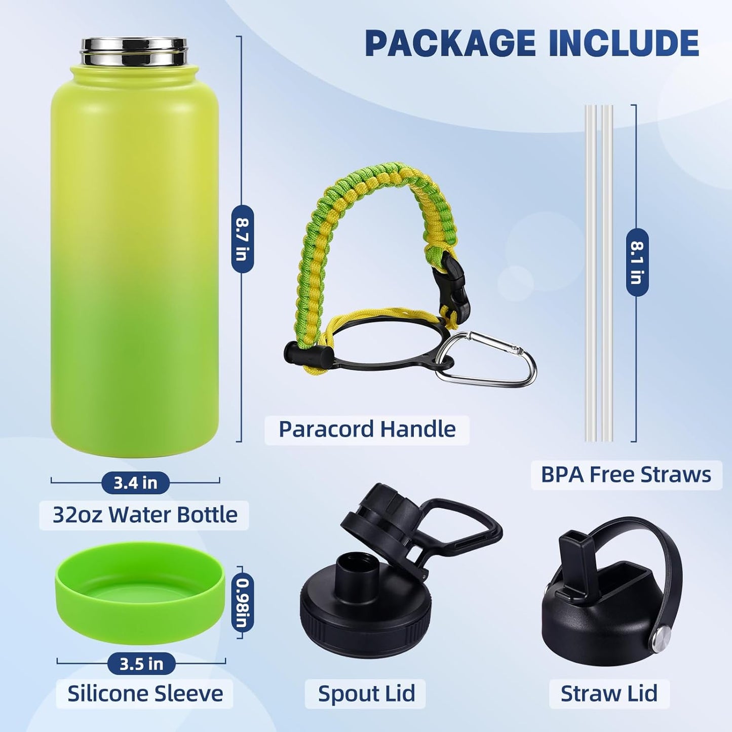 Insulated Water Bottle, 32 oz Stainless Steel Wide Mouth Water Bottles with 2 Leak Proof Lid and Paracord Handle, Double Wall Vacuum Insulated Sports Water Bottle, Purple Black