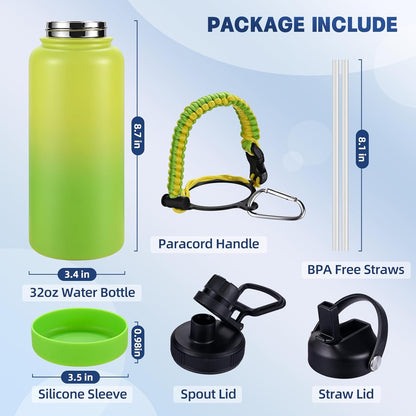 Insulated Water Bottle, 32 oz Stainless Steel Wide Mouth Water Bottles with 2 Leak Proof Lid and Paracord Handle, Double Wall Vacuum Insulated Sports Water Bottle, Purple Black