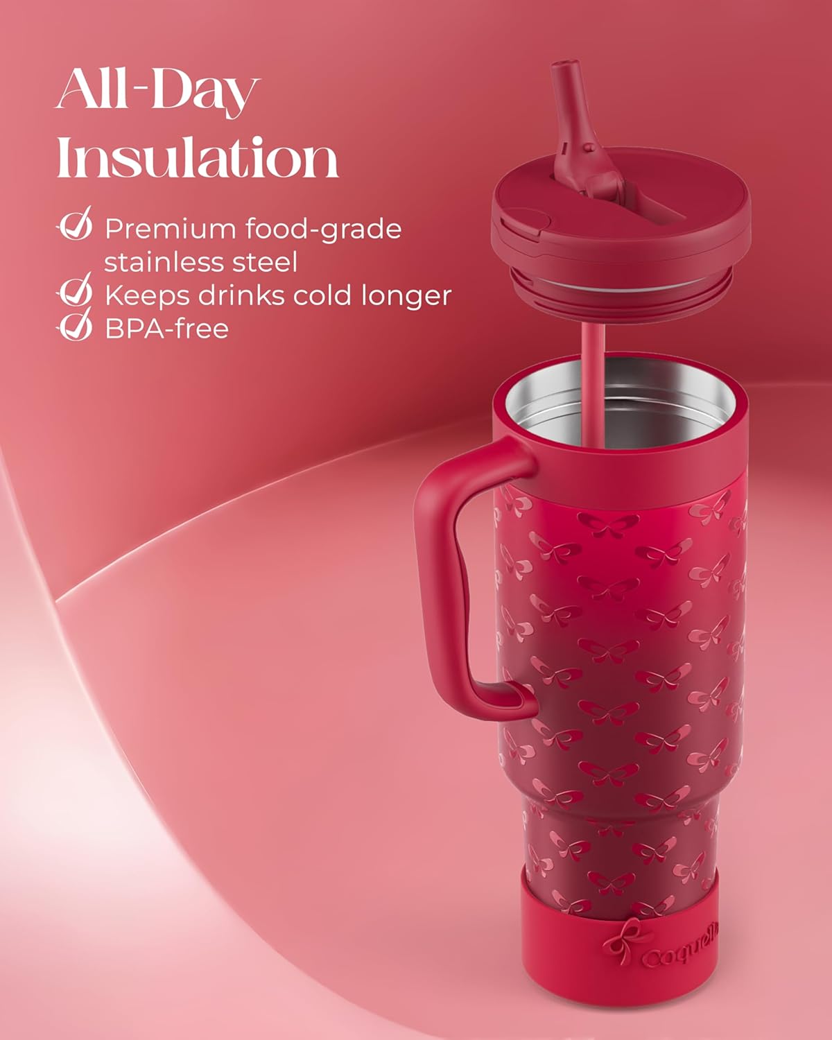 40 oz Insulated Tumbler with Handle and Push-Button Straw Lid, Stainless Steel Travel Cup for Gym Office, Leakproof, BPA-Free, Cup Holder Friendly, Bow Silicone Boot, Purple (Light Lilac)