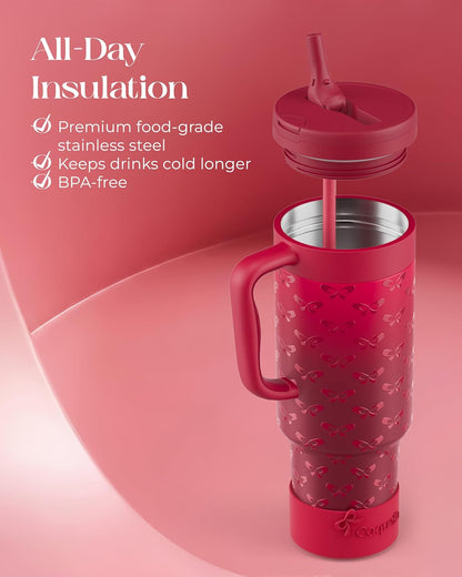 40 oz Insulated Tumbler with Handle and Push-Button Straw Lid, Stainless Steel Travel Cup for Gym Office, Leakproof, BPA-Free, Cup Holder Friendly, Bow Silicone Boot, Purple (Light Lilac)