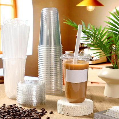 Ziliny 50 Sets Crystal Clear Plastic Cups with Lids, Straws and Stickers, Disposable Iced Coffee Cups Thickened PET for Iced Coffee, Bubble BobaTea, Smoothie, Cold Drinks, Juice, Shops (12 oz)