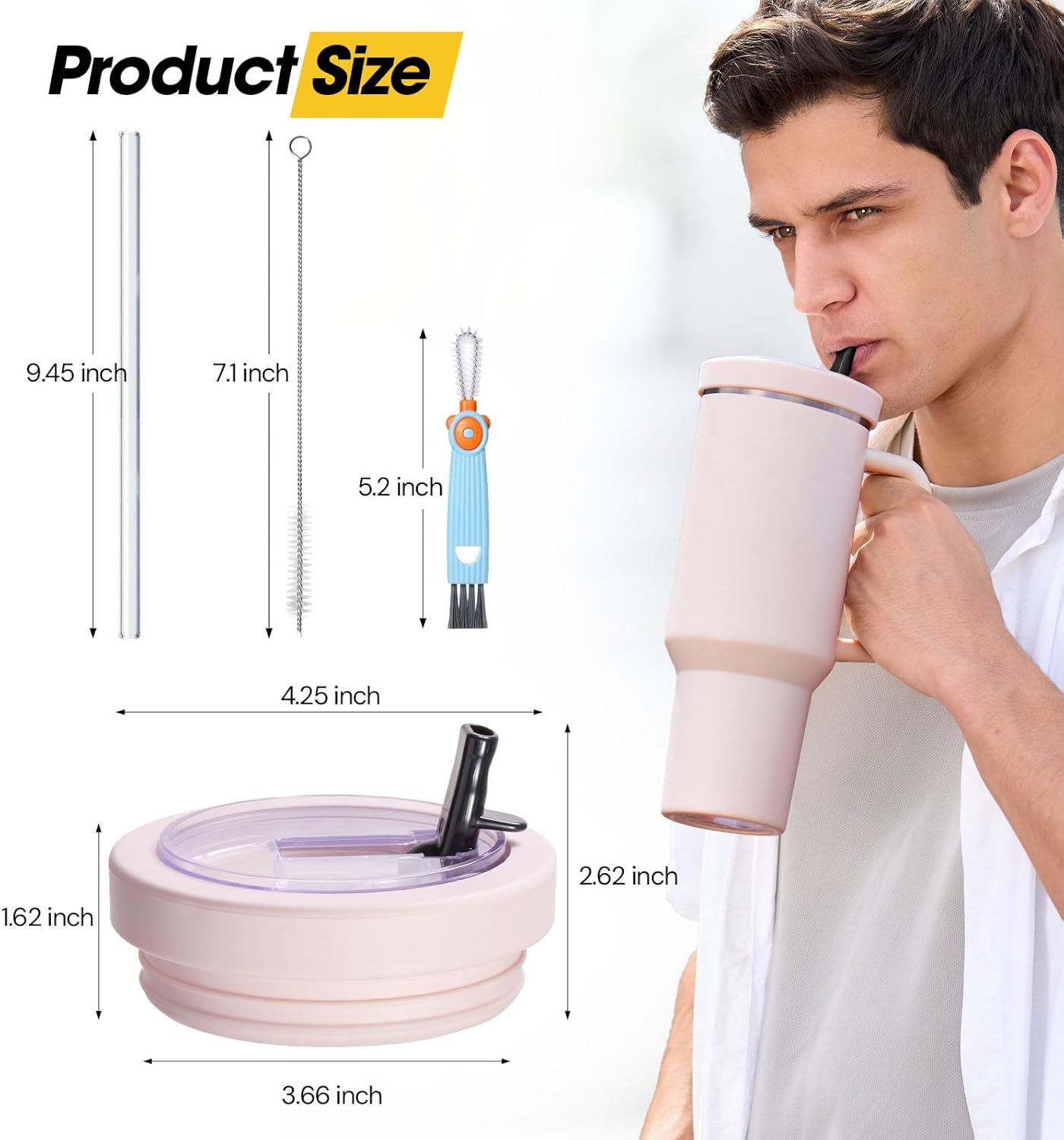 40 Oz Tumbler Flip Straw Lid for Stanley Quencher, Silicone Leak Proof Replacement Cover Reusable, Splash Resistant Cup Lids Accessories with Cleaning Brush Set
