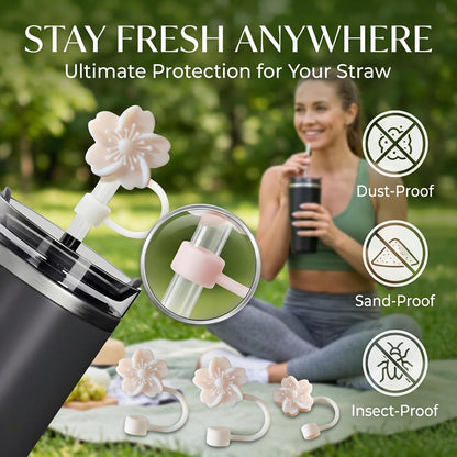 BTYHAOS Silicone Straw Caps for 10mm Tumblers | Reusable Dust-Proof Straw Toppers Compatible with Stanley 30oz & 40oz Tumblers (Purple Flower 3pc)