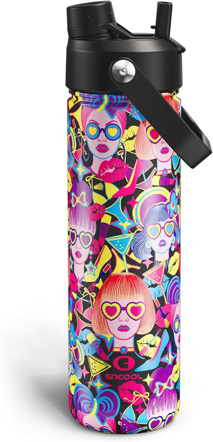 ENCOOL Insulated Water Bottle with Straw Stainless Steel Water Bottle, Leak-Proof, BPA-Free, Double Wall Vacuum Keeps Cold for 24 Hours for Sports, Travel, School (26 oz, Cotton Candy) - Colors C