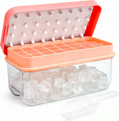 Ice Trays for Freezer with Lid & Bin, Ice Cube Tray Making 64 pcs Ice Cubes, Easy Press to Release Ice, Ice Tray with Storage Bin Chilling Cocktail Whiskey Coffee 2 Trays 1 Ice Bucket & Scoop (Black)