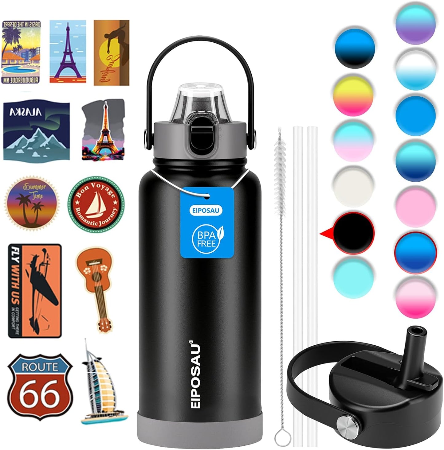 Insulated Water Bottle with Lid & Boot & Stickers, 24 oz Stainless Steel Sweat Free Bottle Keep Cold 24H, BPA-Free Sports Wide Mouth Water Bottle, BlueBlack