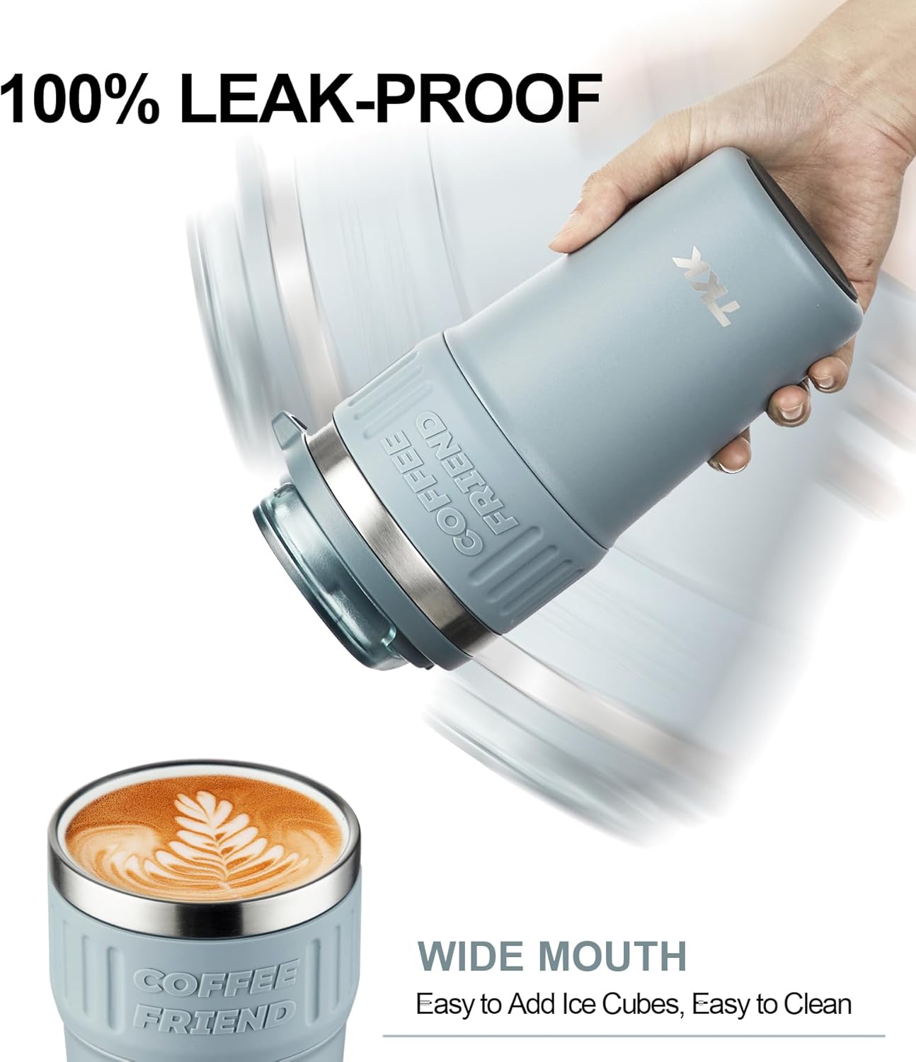 TKK Insulated Coffee Mug with Ceramic Coating, 21oz Iced Coffee Tumbler Cup with Straw Lid Double Wall Vacuum Leak Proof Travel Mug with Strap for Hot and Iced Beverage, Tungsten Steel