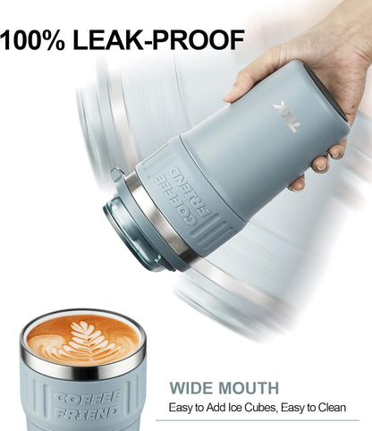 TKK Insulated Coffee Mug with Ceramic Coating, 21oz Iced Coffee Tumbler Cup with Straw Lid Double Wall Vacuum Leak Proof Travel Mug with Strap for Hot and Iced Beverage, Tungsten Steel