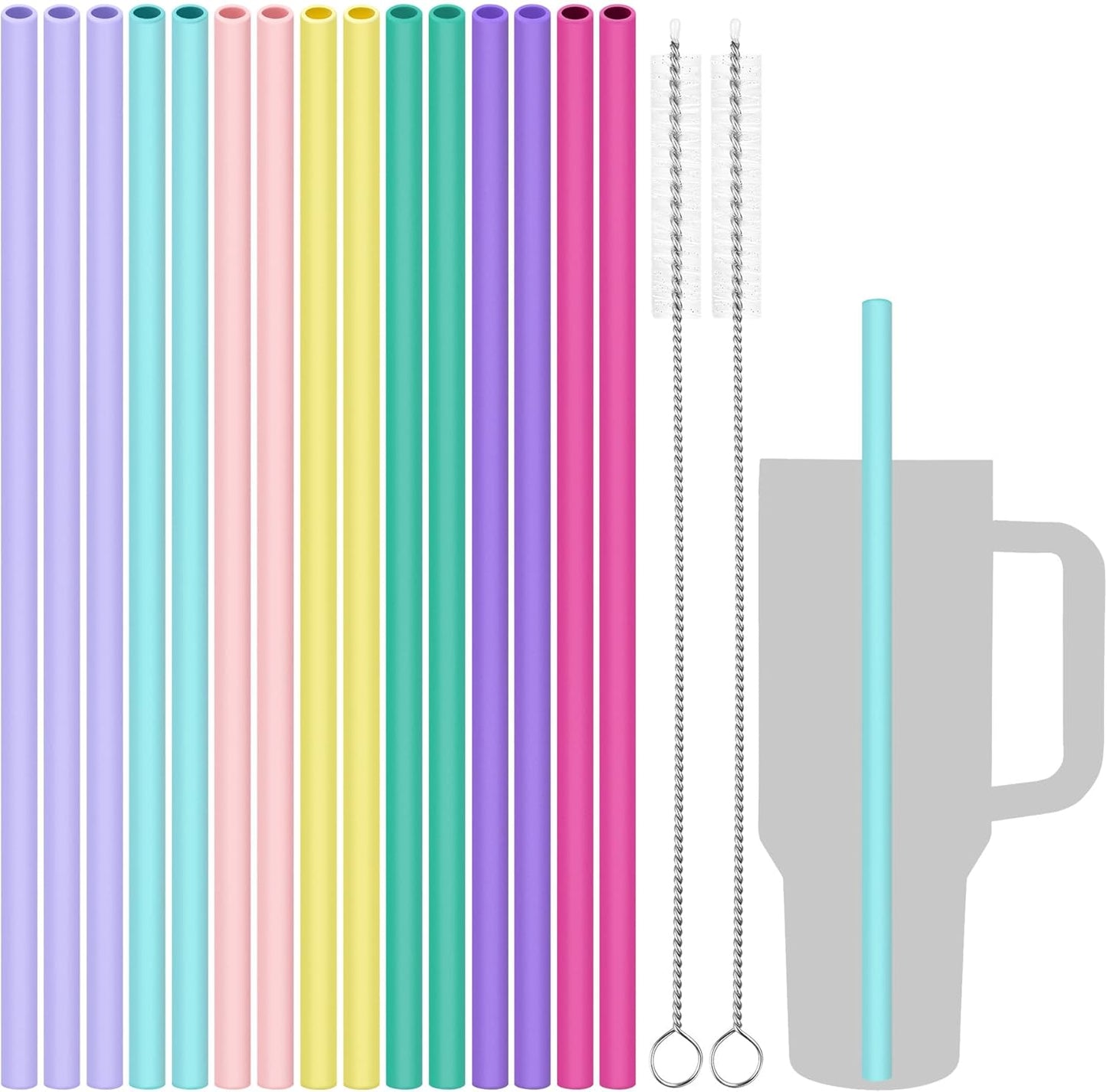 Tomorotec 15PCS Reusable Silicone Drinking Straws w/ 2 Brushes, Fit for Stanley Tumbler 40oz 30oz 20oz, 12" Long Customizable for Various Drinkware, Dishwasher Safe, BPA-Free, Safe for Teeth (Macaron)