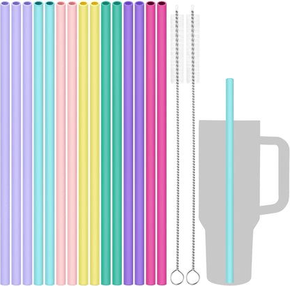 Tomorotec 15PCS Reusable Silicone Drinking Straws w/ 2 Brushes, Fit for Stanley Tumbler 40oz 30oz 20oz, 12" Long Customizable for Various Drinkware, Dishwasher Safe, BPA-Free, Safe for Teeth (Macaron)