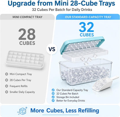 Ice Trays for Freezer with Lid & Bin, Ice Cube Tray Making 64 pcs Ice Cubes, Easy Press to Release Ice, Ice Tray with Storage Bin Chilling Cocktail Whiskey Coffee 2 Trays 1 Ice Bucket & Scoop (Black)