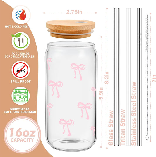 Coquette Cute Pink Bow Glass Cups with Lids and Straws, Aesthetic Iced Coffee Matcha Cup, Girly Preppy Design Tumbler Mug, Valentines Christmas Birthday Gifts for Women, Teen Girl Gifts Trendy Stuff