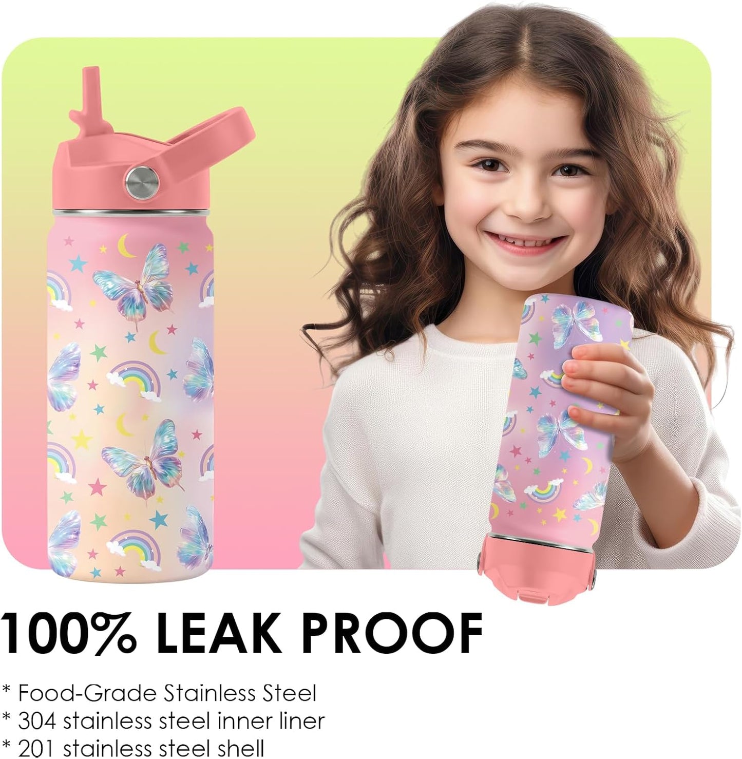 Strawberry Gifts for Kids - 16oz Pink Kids Water Bottle with Straw Lid, Stainless Steel Insulated Water Bottle, Leakproof, BPA-Free, for Girls, School, Strawberry Lover Children Birthday Gift Cup(1pc)