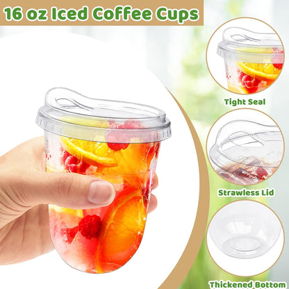 Alaeseje 50 Pack Clear Plastic Cups with Strawless Sip Lids,16 oz Iced Coffee Cups with Lids,Disposable PET Crystal Cups,Round Bottom To Go Cup for Iced Coffee Juice Smoothie Cold Beverage