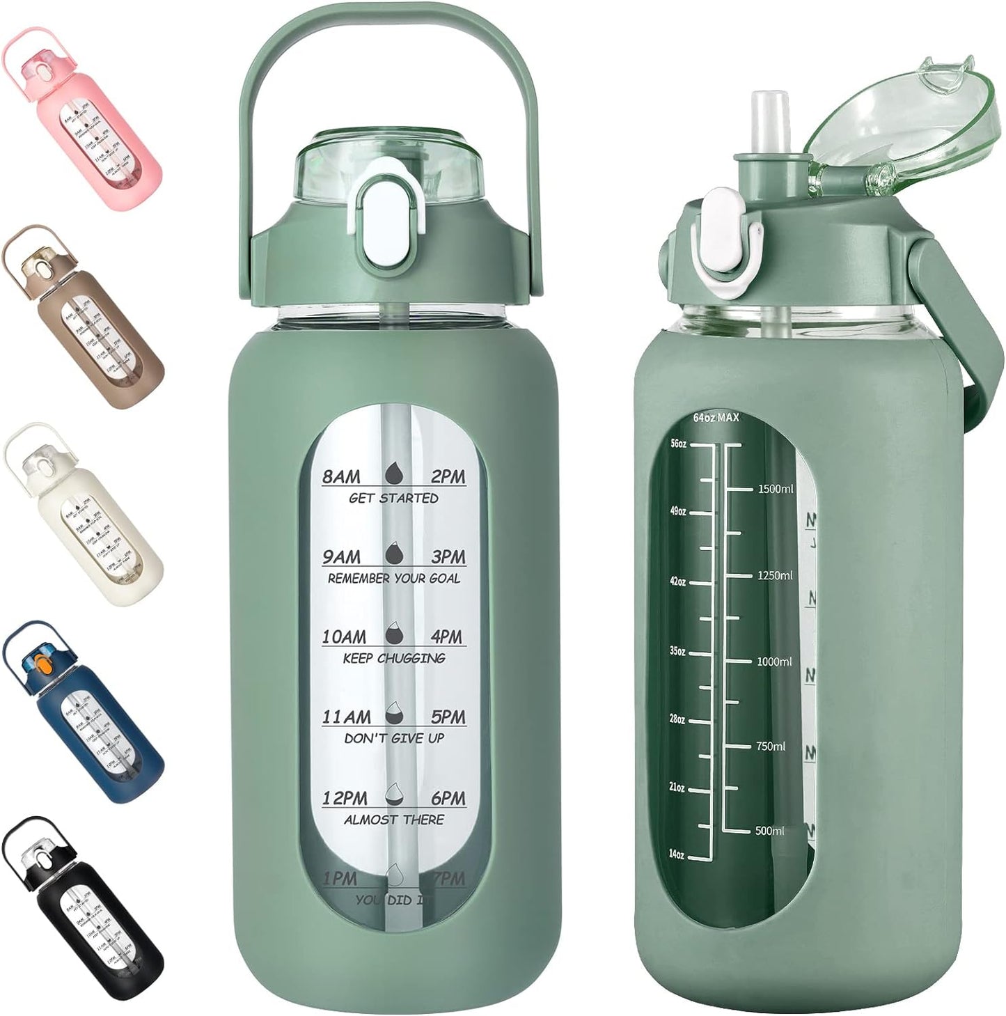64oz Glass Water Bottles with Straw, Half Gallon Motivational Glass Bottle with Silicone Sleeve and Time Marker, 2L Leakproof Large Glass Water Jug for Gym Home Office,olive
