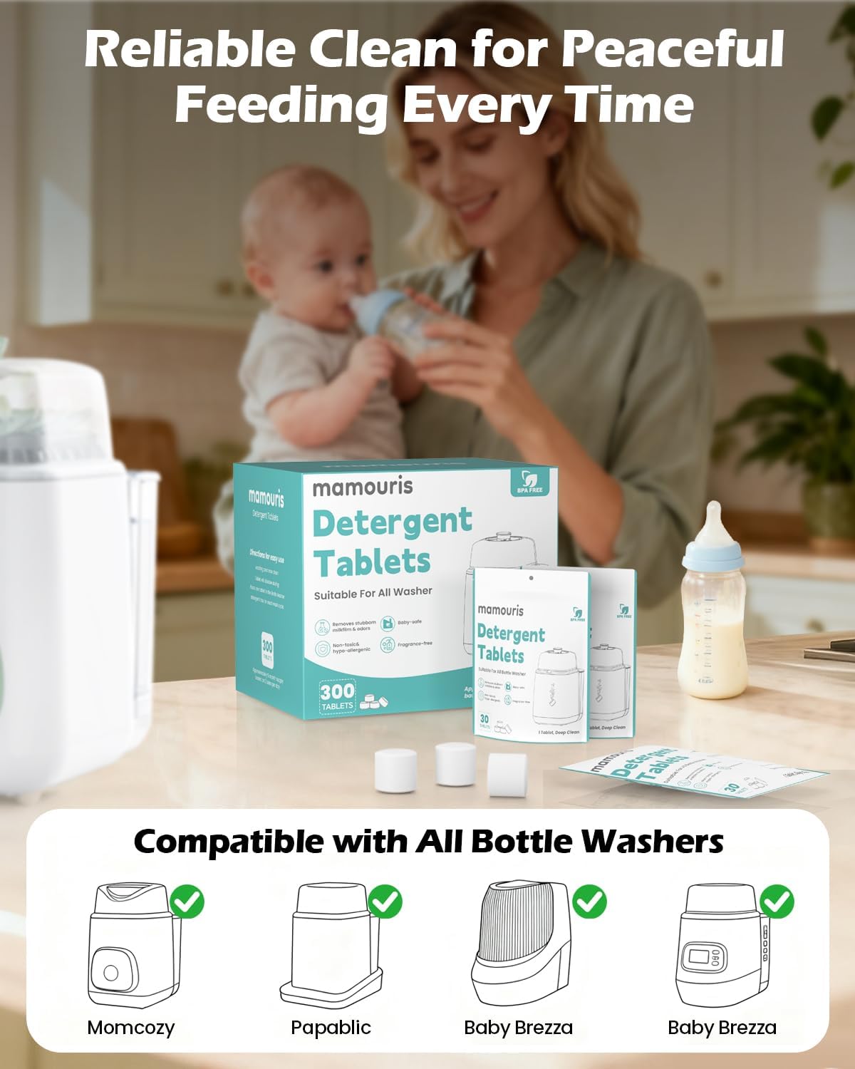 150PCS Official Detergent Cleaning Tablets: for Baby Brezza Grownsy Papablic Momfann Bottle Washer - Baby Bottle Washer Tablets for All Brands Bottles Washers Machines