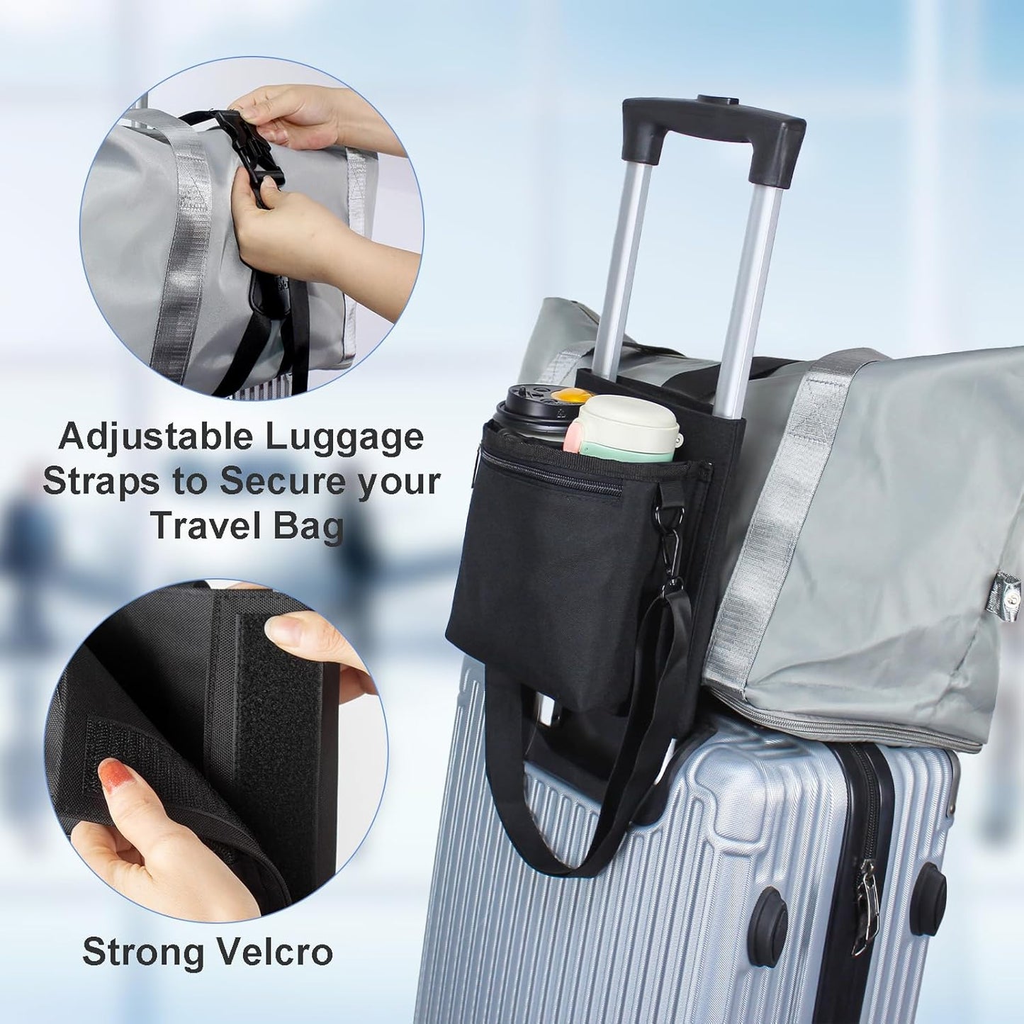 Luggage Travel Cup Holder with Luggage Straps Free Hand Drink Caddy Beverage Holder Travel Accessories Gift for Flight Attendants Businessmen Travelers Fits Roll on Suitcase Handles Black