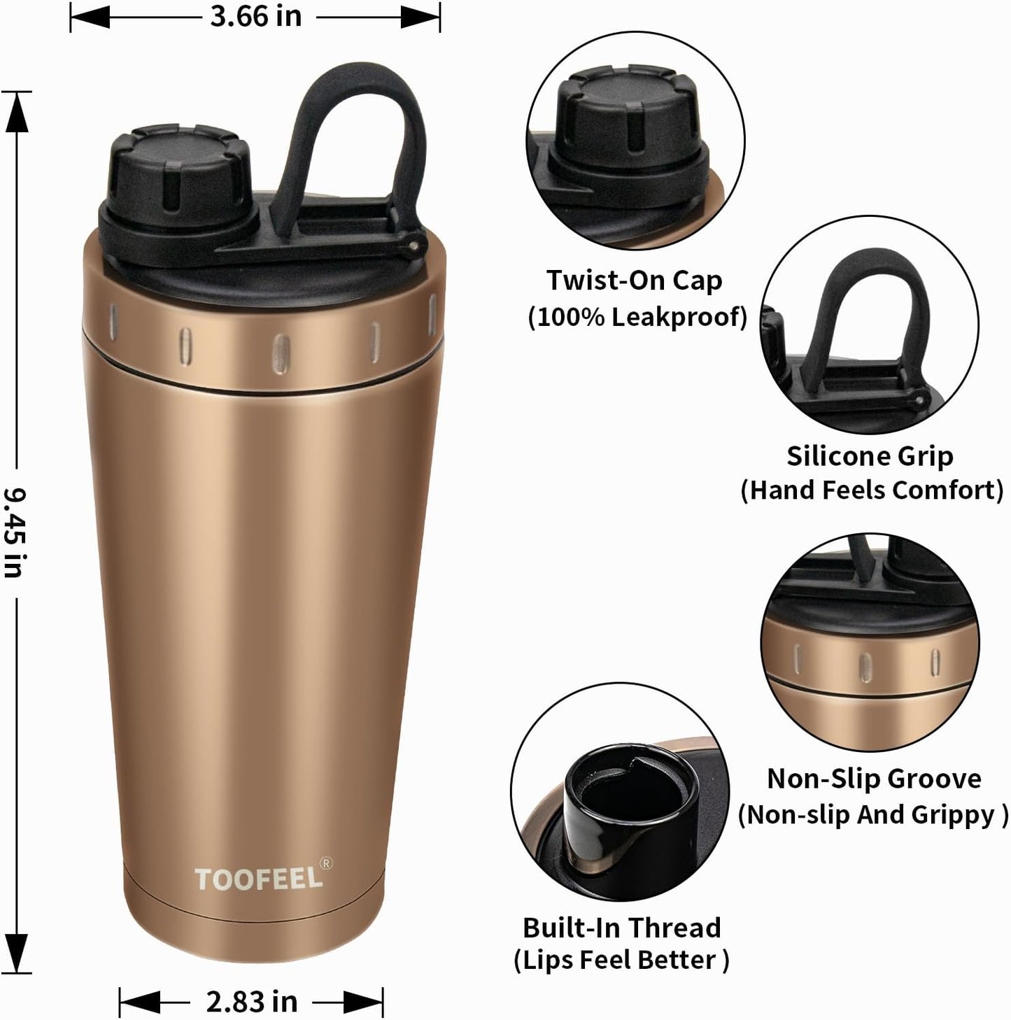 TOOFEEL Protein Shaker Bottle 20 oz - Double Walled Insulated Vacuum Cup for Protein Shakes, Keeps Cold/Hot, Metal Stainless Steel, Preworkout Gym