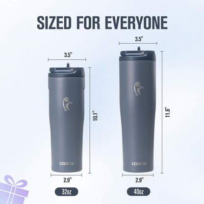 Coolflask Water Bottle 40 oz Fits Car Cup Holder, Slim Tumbler Stainless Steel with Straw & Handle, Vacuum Flask Leakproof Wide Mouth for Travel Sports Gym, Black