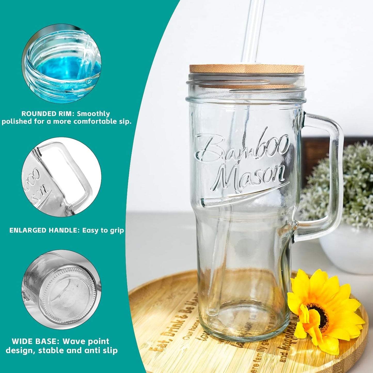 ANOTION Bamboo Mason Leakproof Mason Jar Cups with Lids and Straws, Cap Cup 24oz Glass Tumbler with Handle, Rotating Lid Silicone Straw, Reusable Iced Coffee Matcha Cup Coffee Gifts for Women 2pc