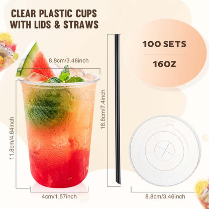 tchrules 100 Set 16oz Plastic Cups with Lids and Straws, Disposable Clear Iced Coffee Cup with Lid, Round Bottom Plastic To Go Cups for Cold Drinks Slushie Smoothie Lemonade Matcha Party Shop Supplies