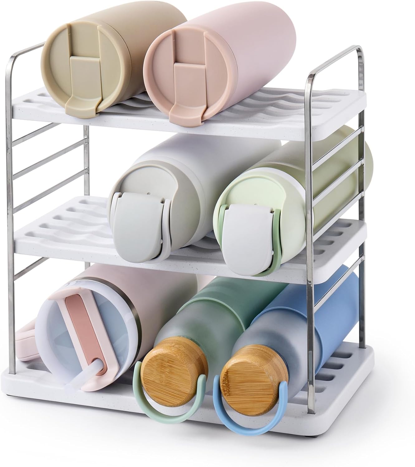 YouCopia UpSpace Water Bottle and Travel Mug Cabinet Organizer, Adjustable Storage Rack for Kitchen Organization, 3-Shelf