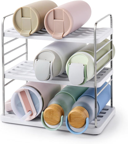 YouCopia UpSpace Water Bottle and Travel Mug Cabinet Organizer, Adjustable Storage Rack for Kitchen Organization, 3-Shelf
