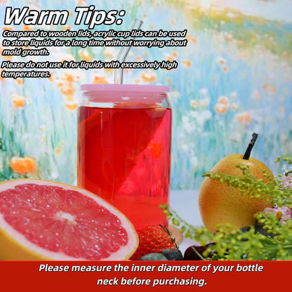 4 Pack Acrylic Lids for Glass Cups with Bamboo Lids and Straws, 2.75 inch/70 mm Acrylic Lids for 16 OZ Beer Can Cups with Wooden Lids, Replacement Canning Lids for 16OZ 20 OZ Glass